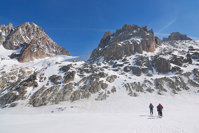 Heading out across the Argentière glacier toward the first uphill. Cold du Chardonnay in the distance.