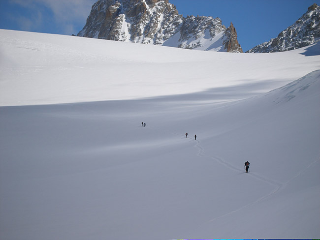 The we're hot, cold, tired, hungry group ascending glacier du Tour